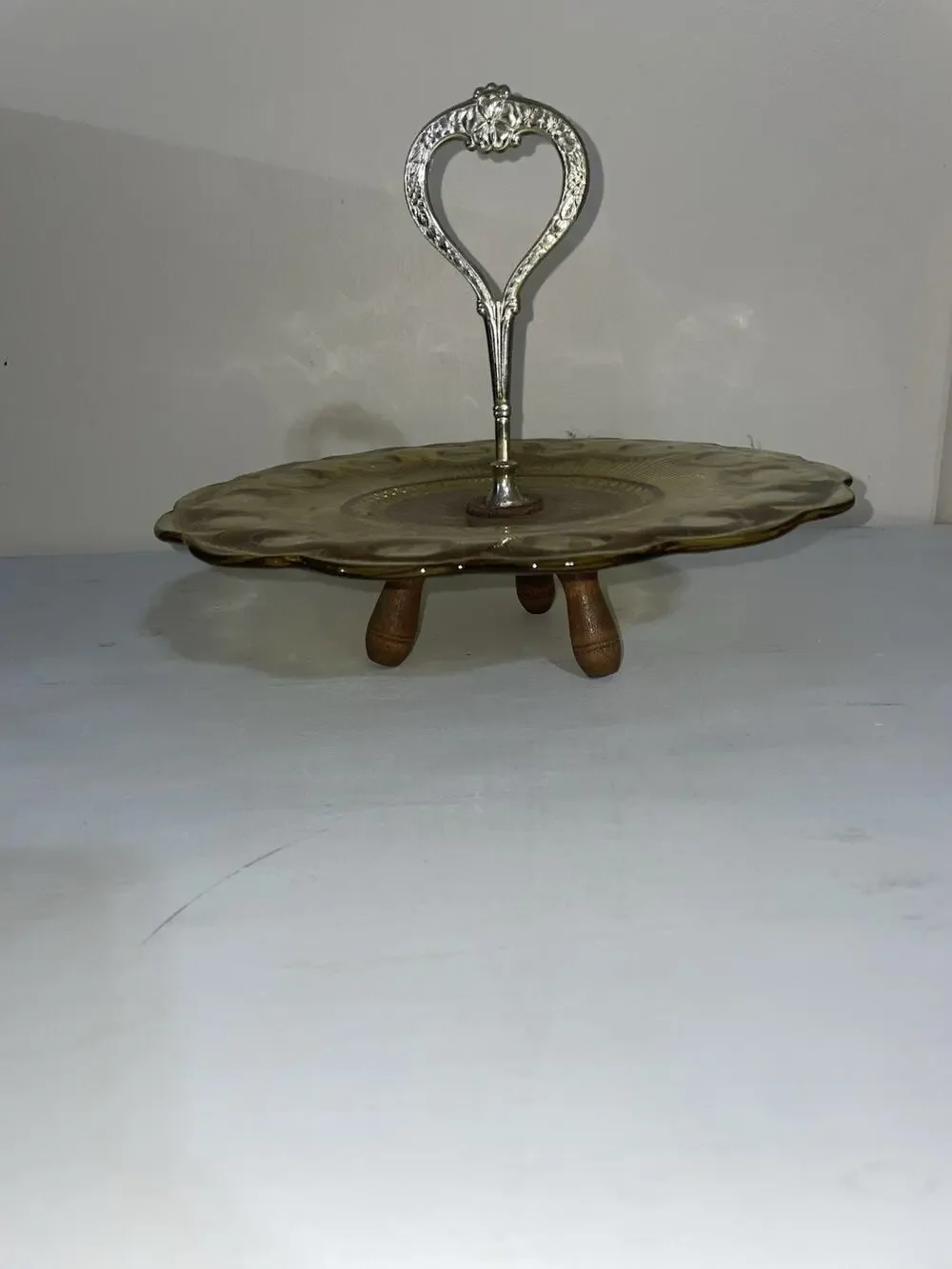 Glass MCM Sandwich Dessert Tidbit Server Center Handle Amber Gold